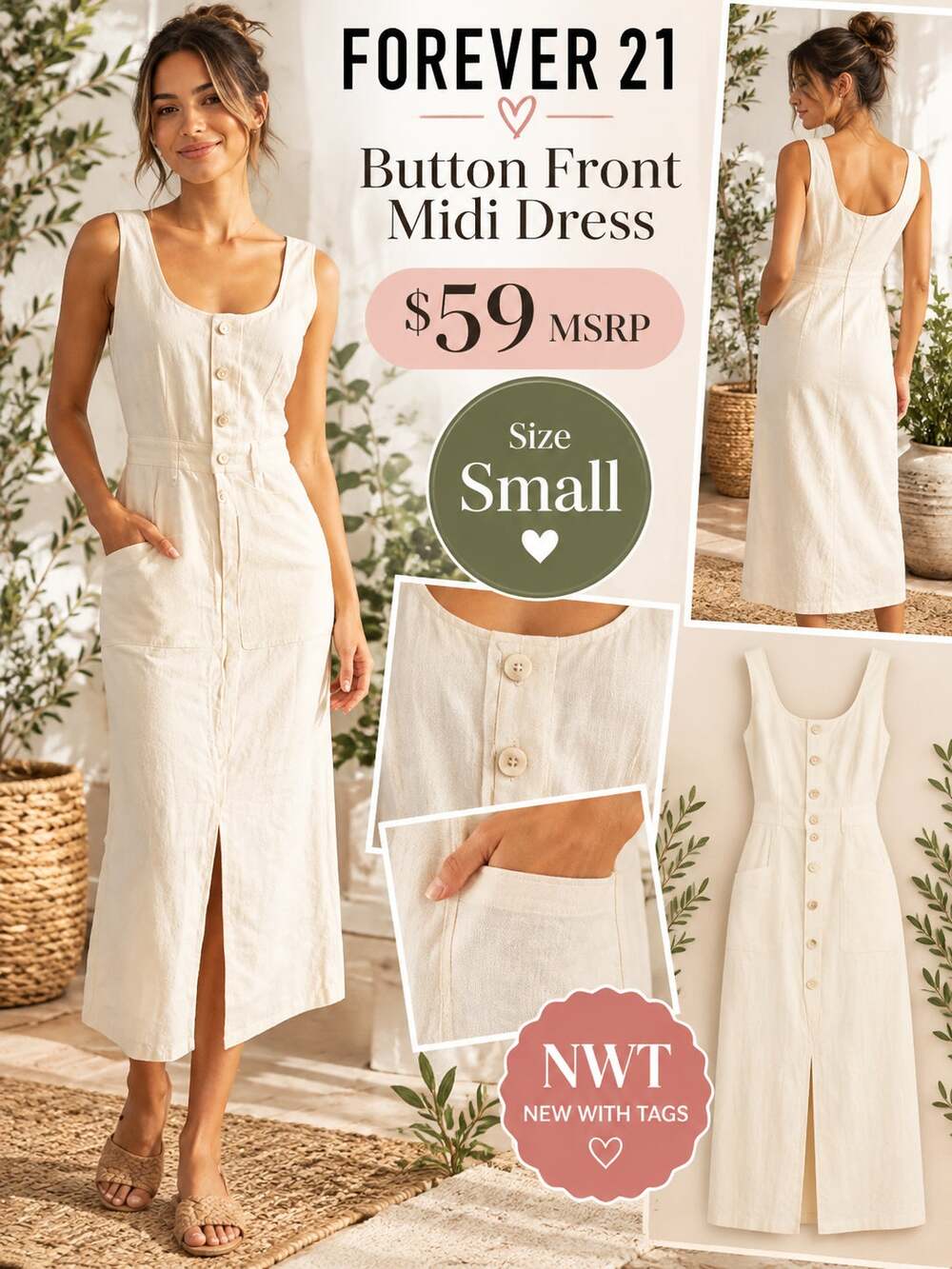 Forever 21 $59 Women's Ivory Button Front Midi Dress with Pockets Size Small NWT